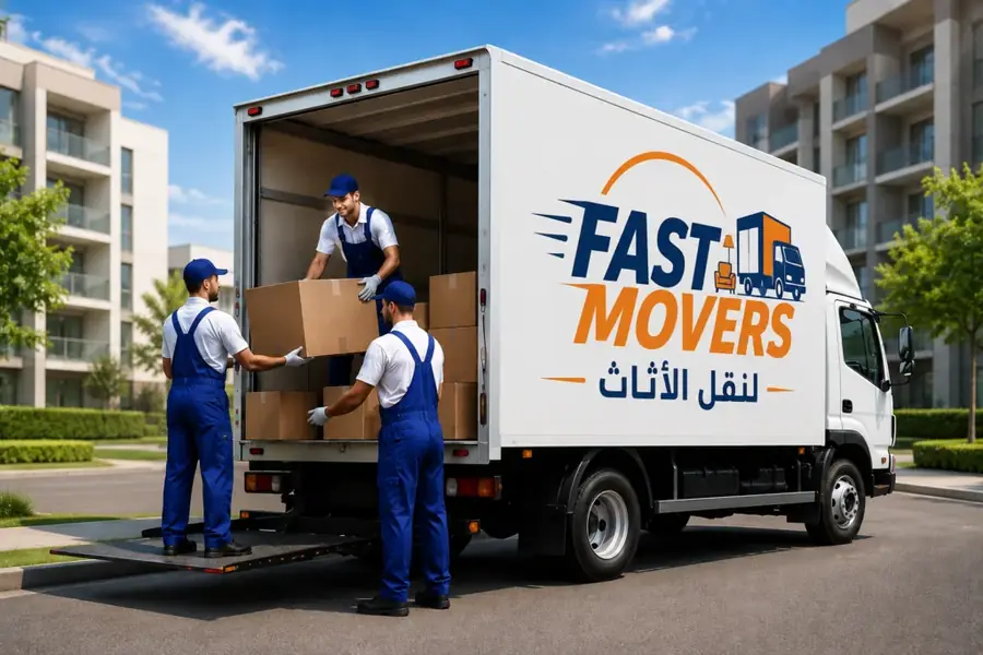 The Fast Movers team loading furniture boxes into the moving truck