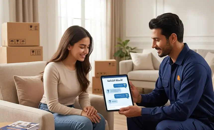 A representative explaining the moving steps to a customer inside her home