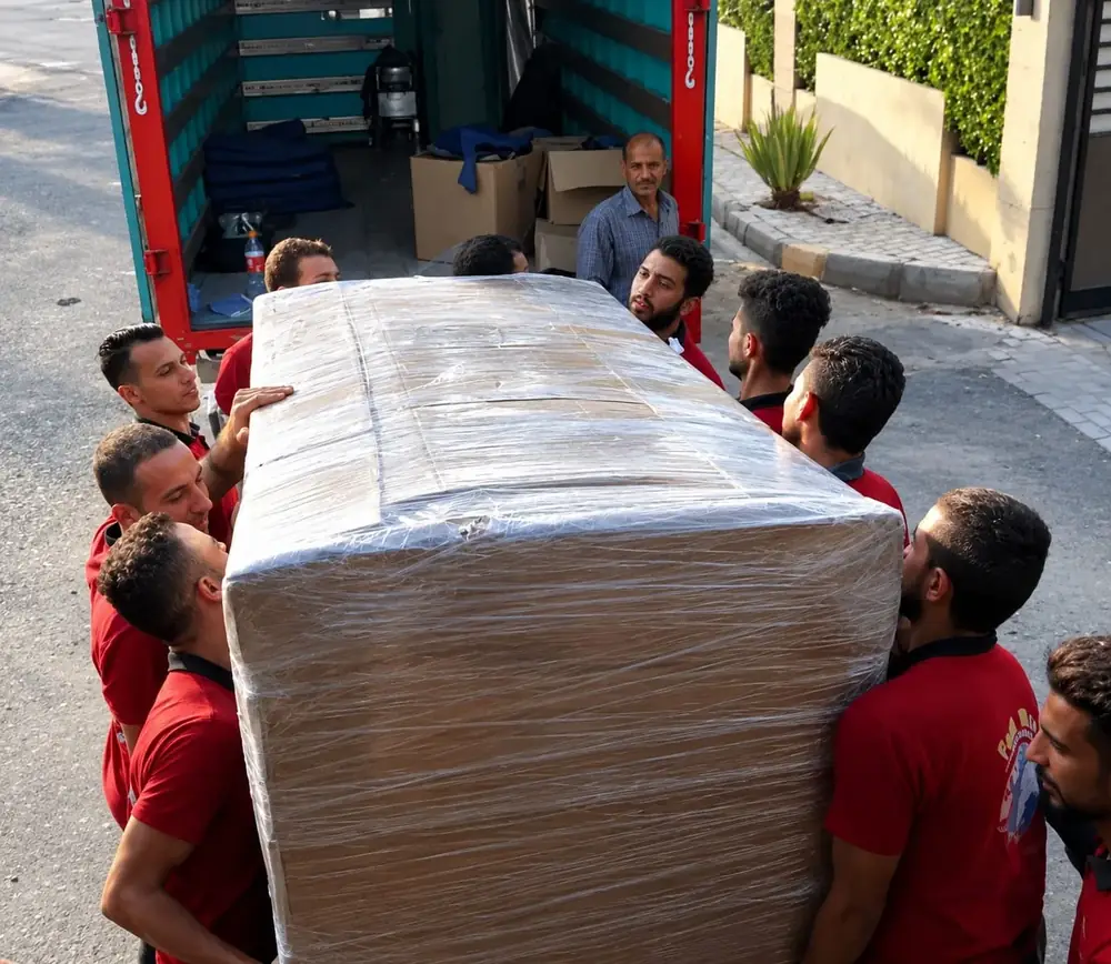 A team lifting a large wrapped piece of furniture into the moving truck