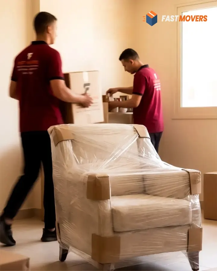 A sofa wrapped in stretch film with cardboard corner protection